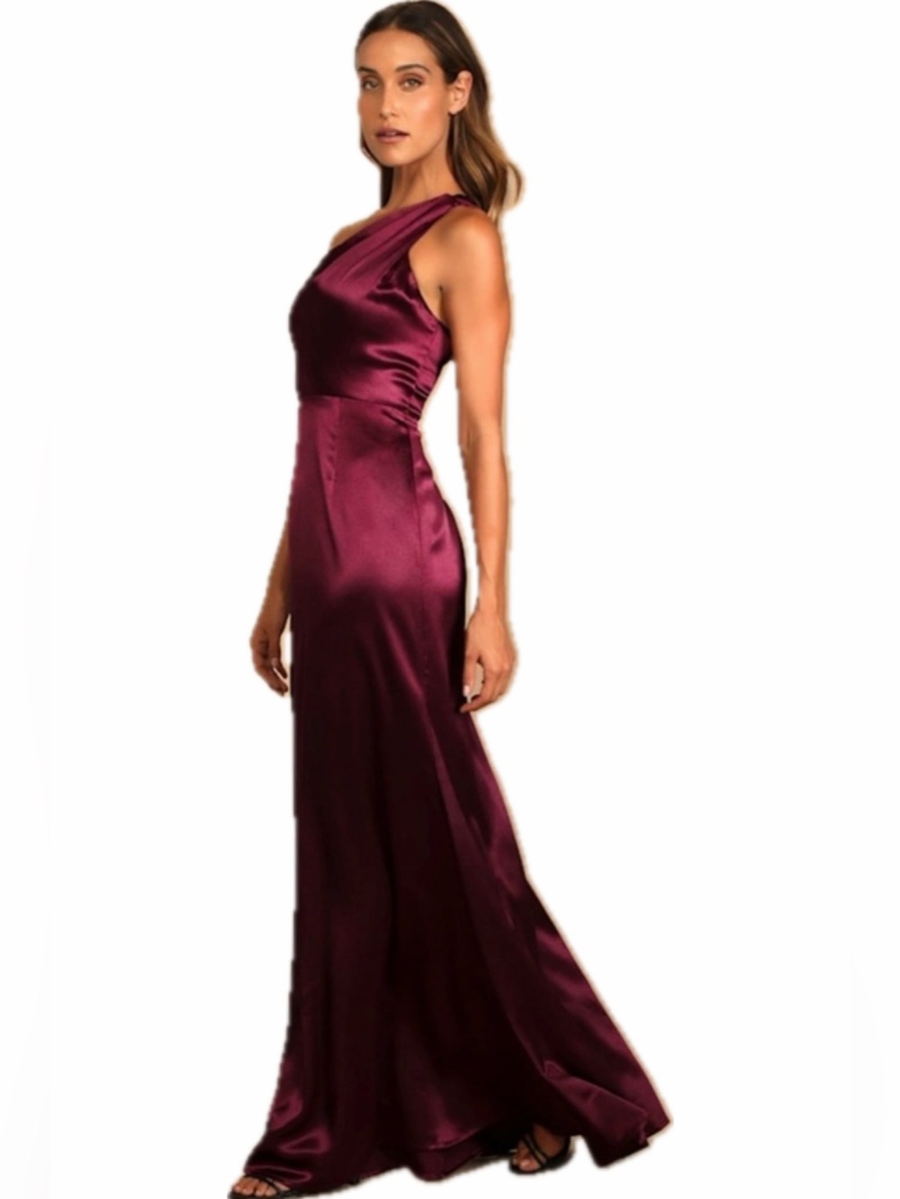 Lulu's One-Shoulder Satin Gown in burgundy. Timeless and Flattering!